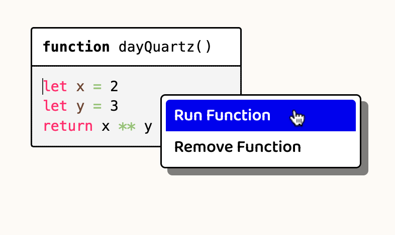 A context menu with two options: Run Function or Delete Function